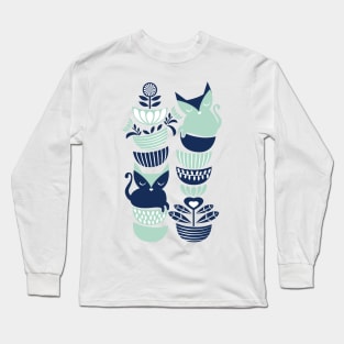 Swedish folk cats // navy blue and mint kittens Long Sleeve T-Shirt